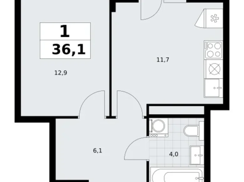 Квартира 1 комната 36 м² район Внуково, Россия