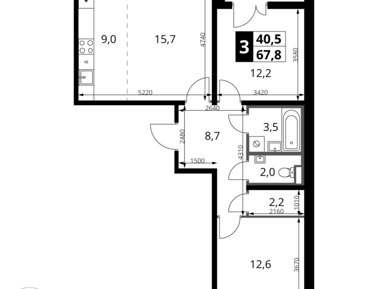 3 room apartment 68 m² Khimki, Russia