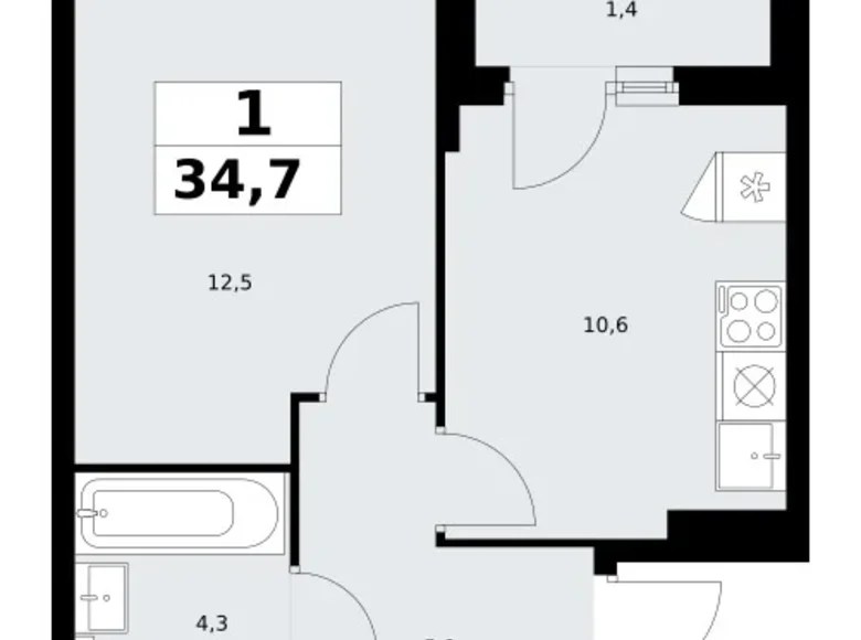 1 room apartment 35 m² Troitsk, Russia