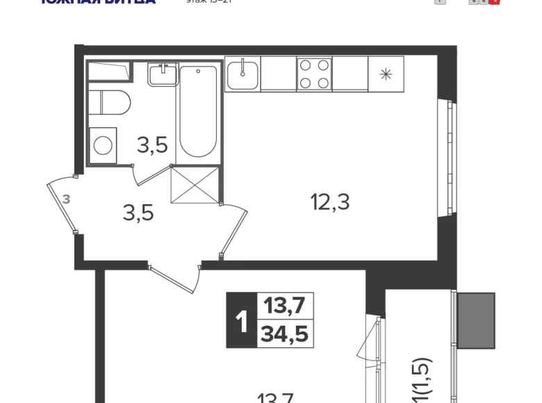 1 room apartment 35 m² Leninsky District, Russia