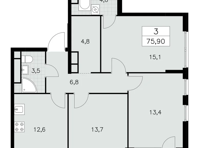 3 room apartment 76 m² Moscow, Russia