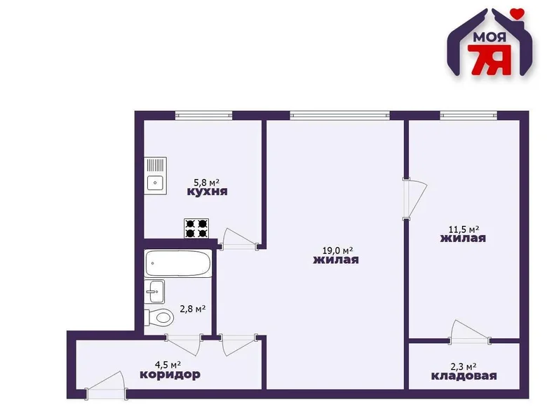 2 room apartment 46 m² Minsk, Belarus