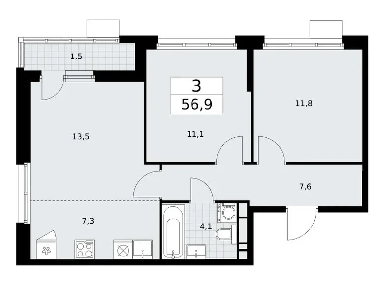 Mieszkanie 3 pokoi 57 m² Wnukowo, Rosja