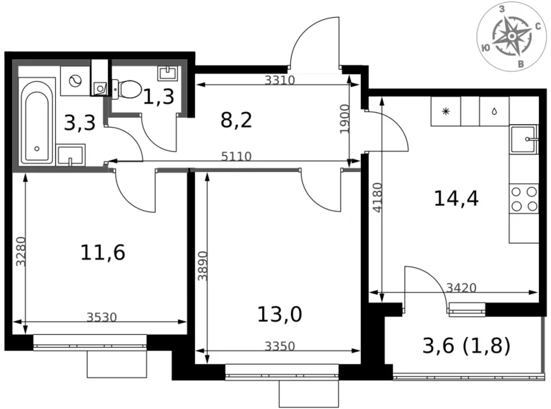2 room apartment 54 m² Leninsky District, Russia