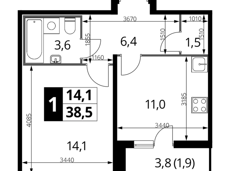 Appartement 1 chambre 38 m² Lioubertsy, Russie