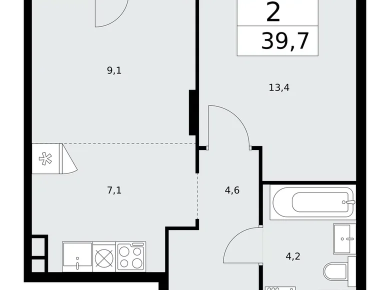 2 room apartment 40 m² Troitsk, Russia