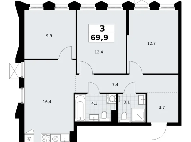 Mieszkanie 3 pokoi 70 m² Troick, Rosja
