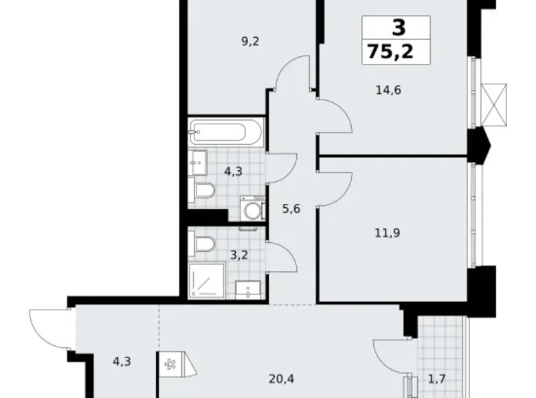 3 room apartment 75 m² Troitsk, Russia
