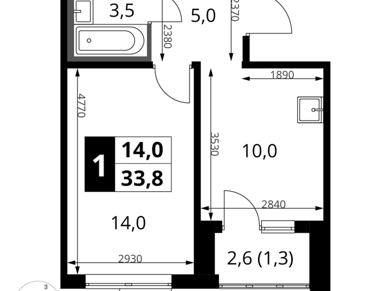 Квартира 1 комната 34 м² Сапроново, Россия