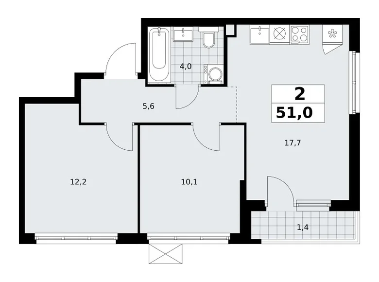 2 room apartment 51 m² Troitsk, Russia