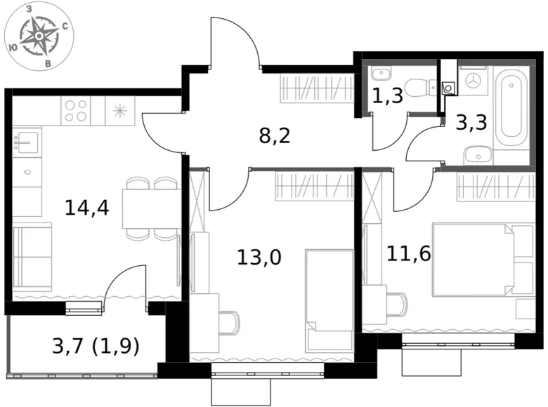 Mieszkanie 2 pokoi 54 m² Leninsky District, Rosja