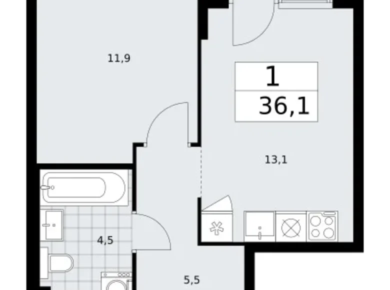 Квартира 1 комната 36 м² район Троицк, Россия
