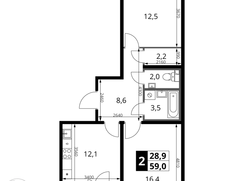 2 room apartment 59 m² Leninsky District, Russia