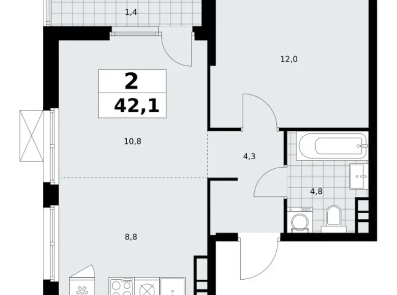 Квартира 2 комнаты 42 м² Москва, Россия