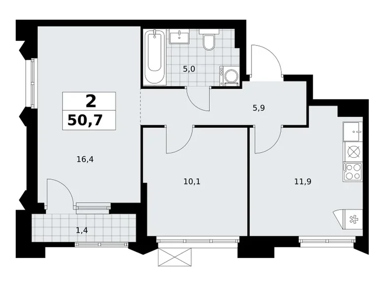 Appartement 2 chambres 51 m² Troïtsk, Russie