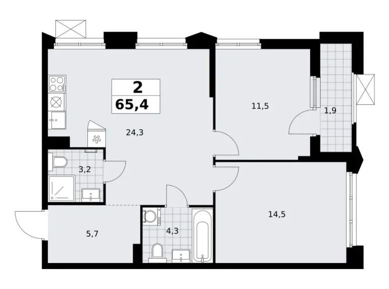 2 room apartment 65 m² Troitsk, Russia