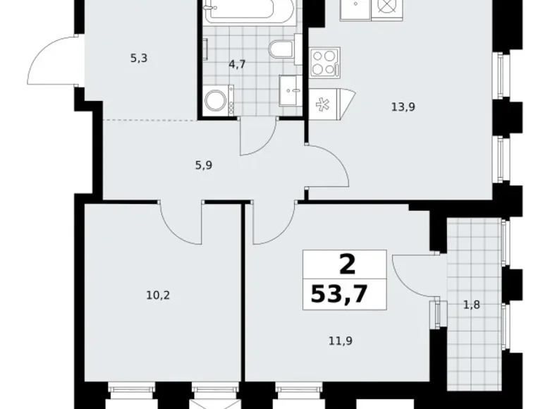 2 room apartment 54 m² Troitsk, Russia