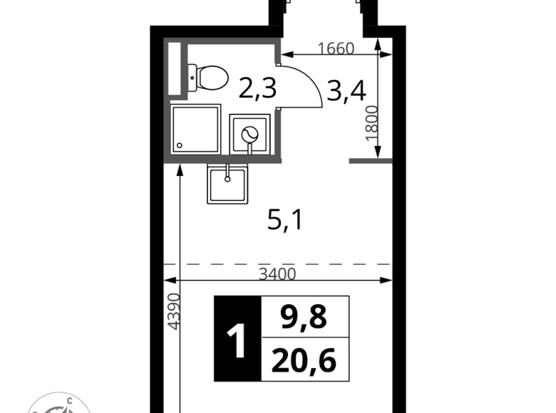Студия 1 комната 21 м² Сапроново, Россия