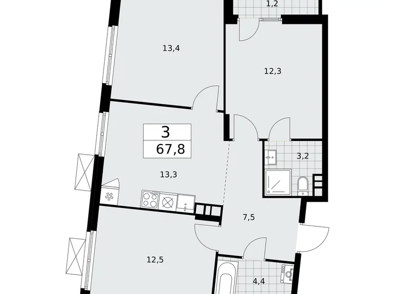 Mieszkanie 3 pokoi 68 m² Troick, Rosja