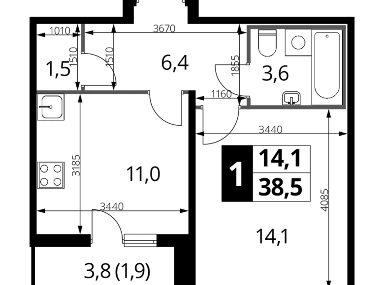 Apartamento 1 habitación 38 m² Liúbertsy, Rusia