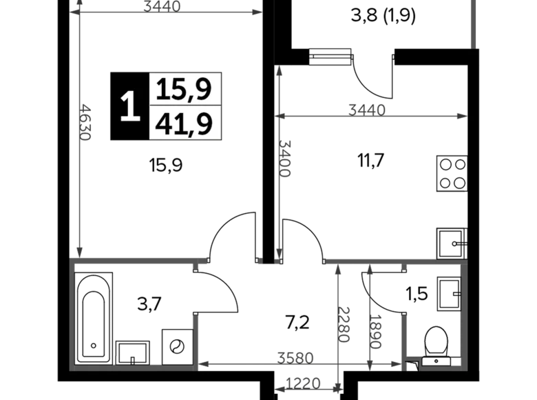 1 room apartment 43 m² Leninsky District, Russia