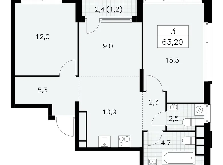 Квартира 3 комнаты 63 м² Москва, Россия