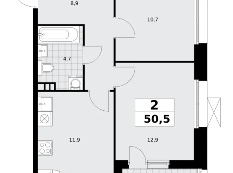 2 room apartment 51 m² Kommunarka, Russia