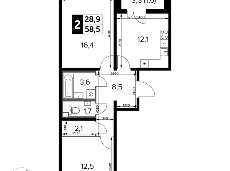2 room apartment 59 m² Leninsky District, Russia