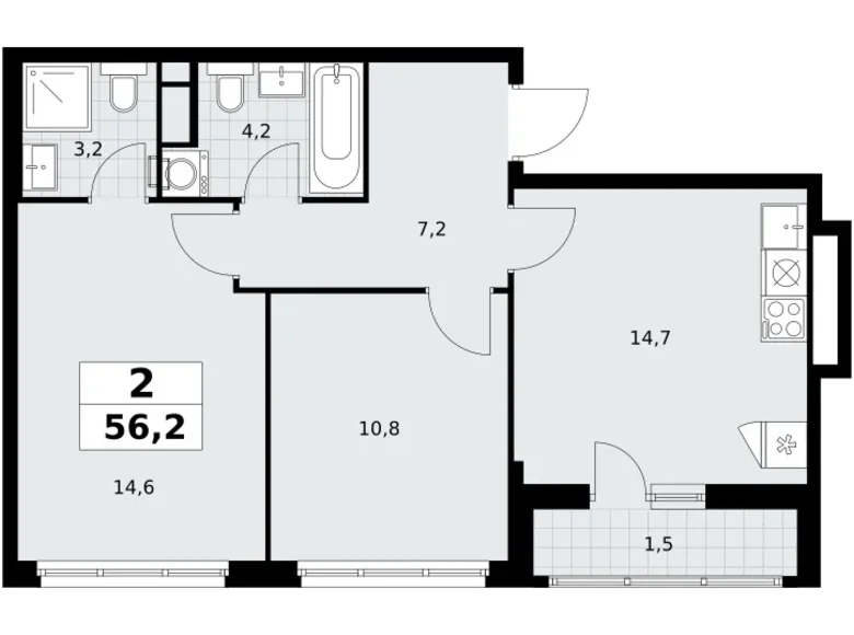 2 room apartment 56 m² Vnukovo, Russia
