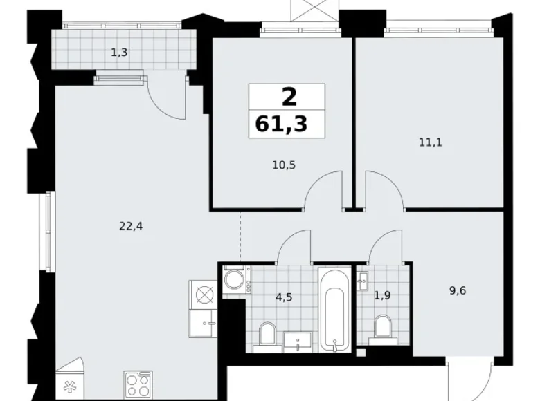 Mieszkanie 2 pokoi 61 m² Troick, Rosja