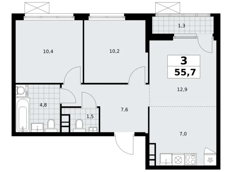 3 room apartment 56 m² Moscow, Russia