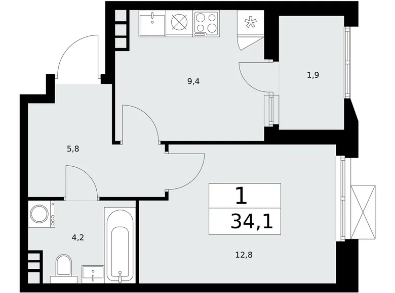 1 room apartment 34 m² Kommunarka, Russia