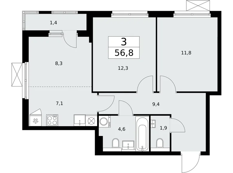 Appartement 3 chambres 57 m² Kommunarka, Russie