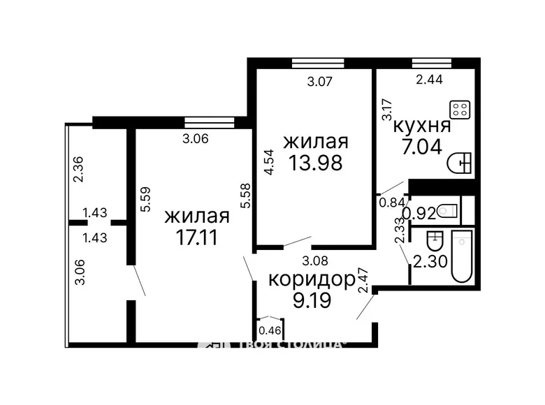 2 bedroom apartment 51 m² Minsk, Belarus