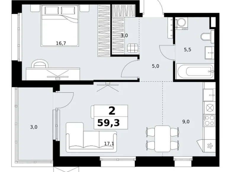 Квартира 2 комнаты 59 м² район Коммунарка, Россия