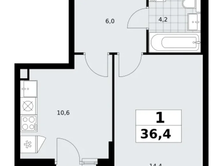 Квартира 1 комната 36 м² район Троицк, Россия
