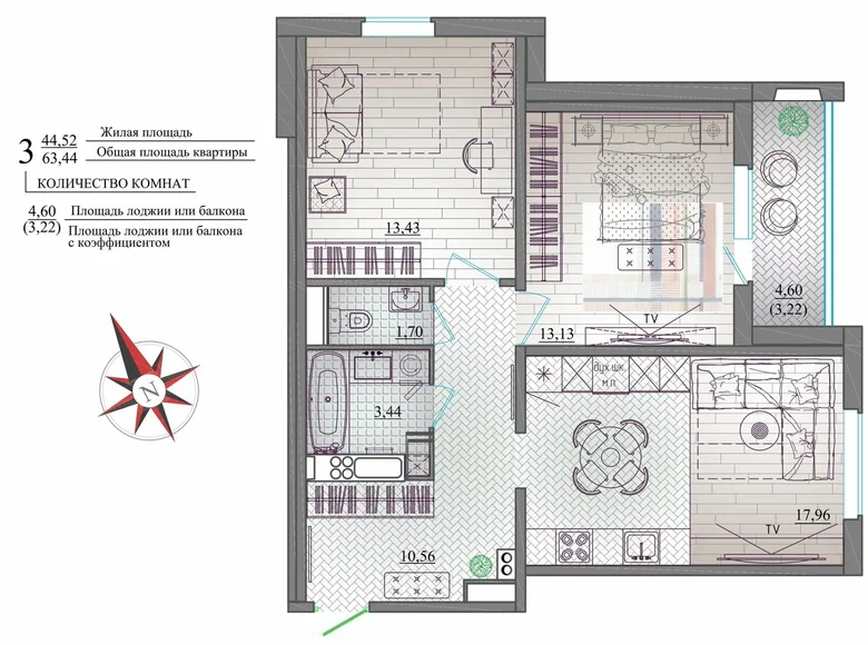 Appartement 3 chambres 63 m² Mahiliow, Bélarus