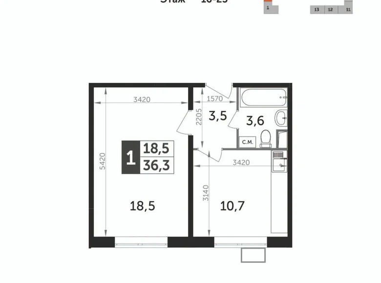 1 room apartment 36 m² Leninsky District, Russia