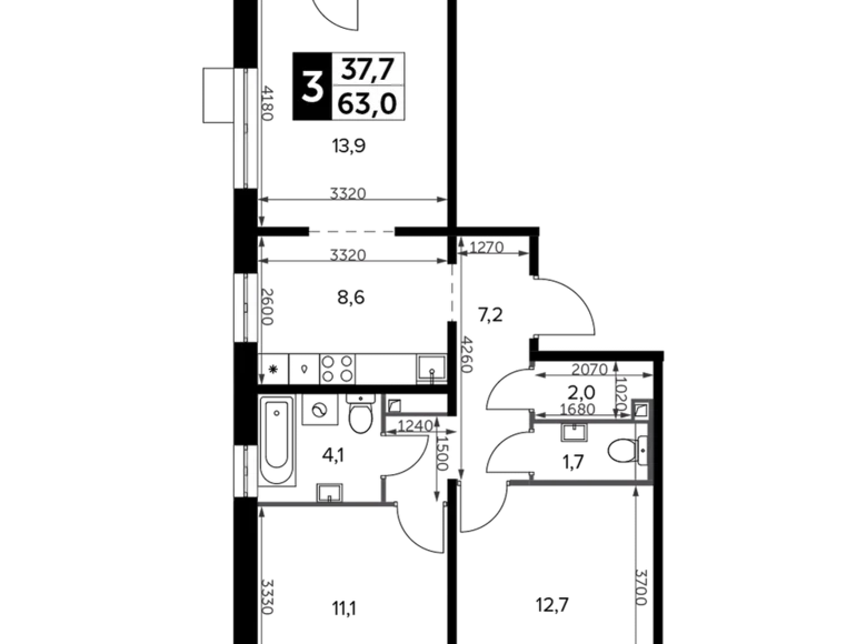Mieszkanie 3 pokoi 63 m² Leninsky District, Rosja