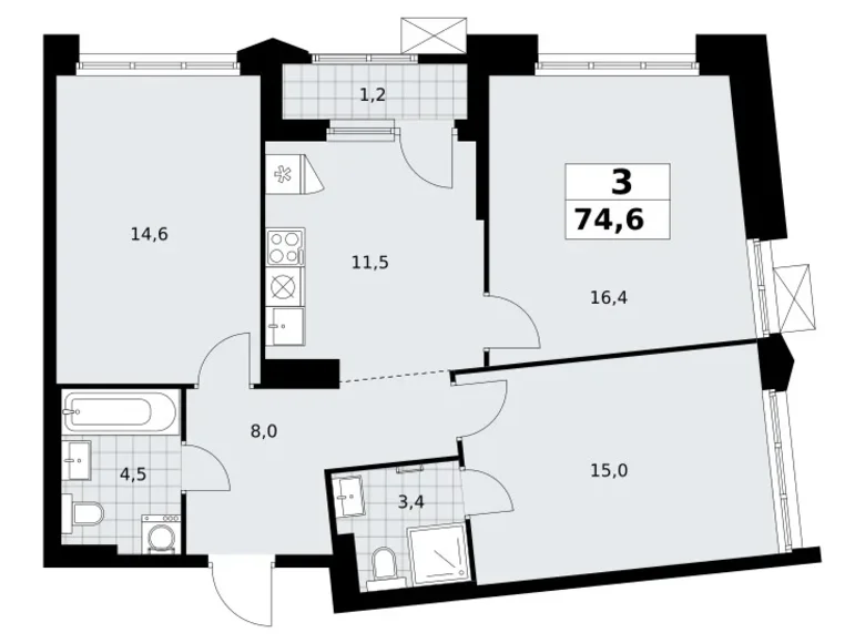 Appartement 3 chambres 75 m² Troïtsk, Russie