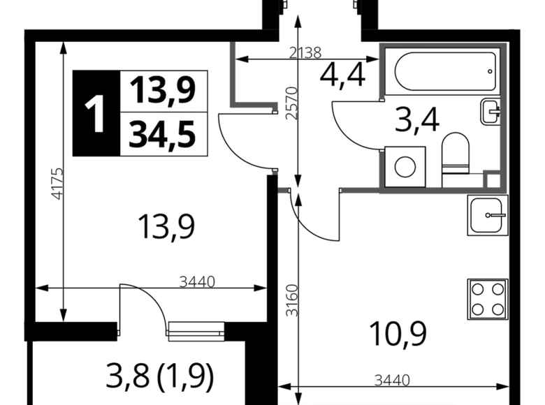 1 room apartment 34 m² Lyubertsy, Russia