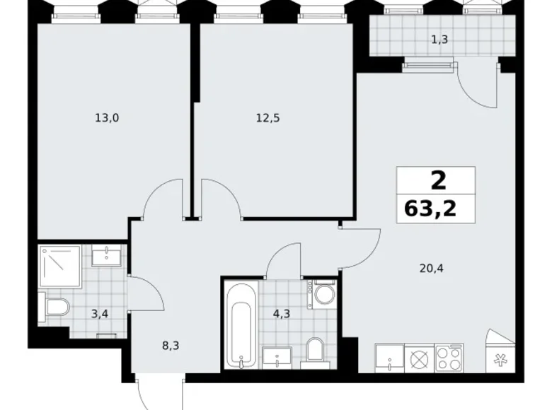 Mieszkanie 2 pokoi 63 m² Troick, Rosja
