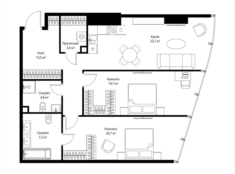 2 room apartment 93 m² Moscow, Russia
