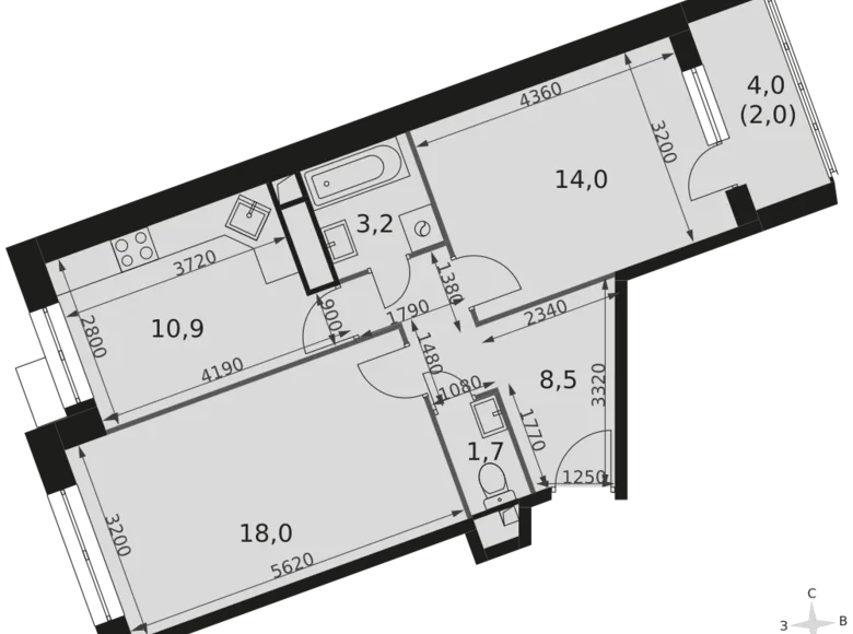 2 room apartment 58 m² Mytishchi Urban Okrug, Russia