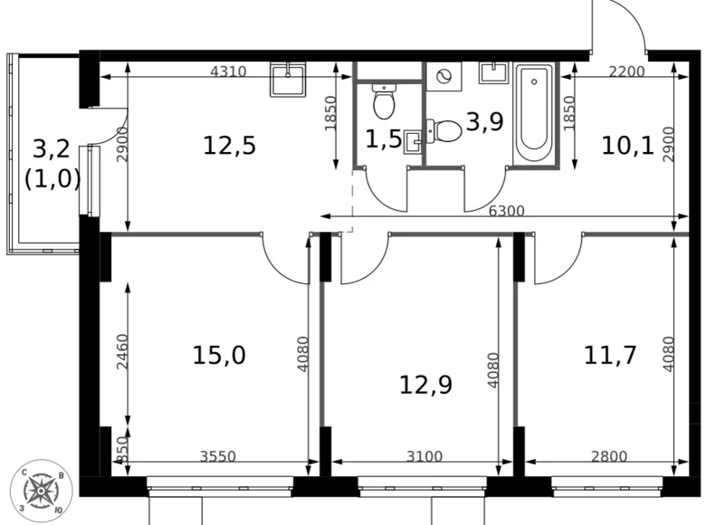 Квартира 3 комнаты 69 м² Сапроново, Россия
