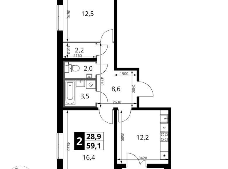Appartement 2 chambres 59 m² Leninsky District, Russie