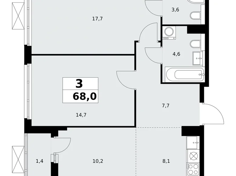 3 room apartment 68 m² Kommunarka, Russia