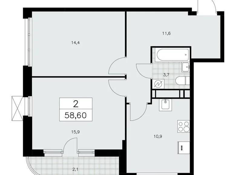 2 room apartment 59 m² Kommunarka, Russia