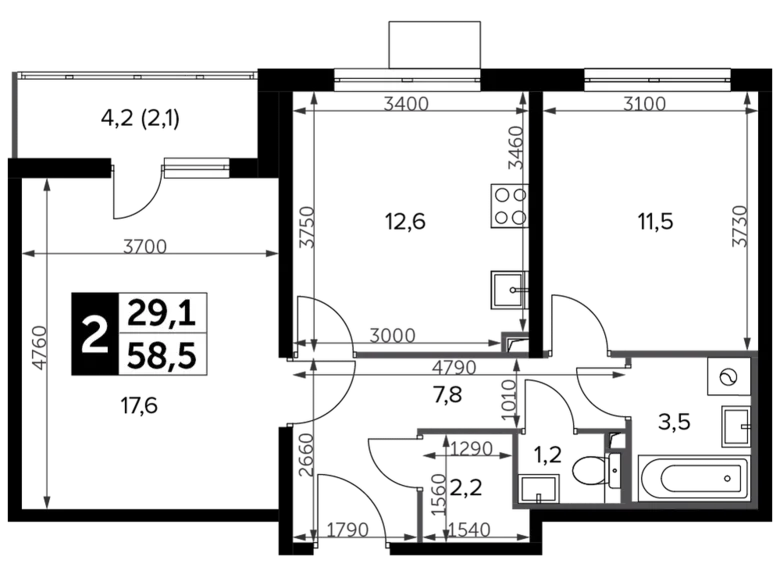 Mieszkanie 2 pokoi 59 m² Leninsky District, Rosja