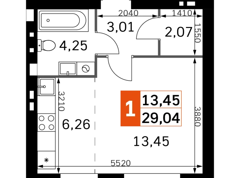 1 room studio apartment 29 m² Odincovskij gorodskoj okrug, Russia